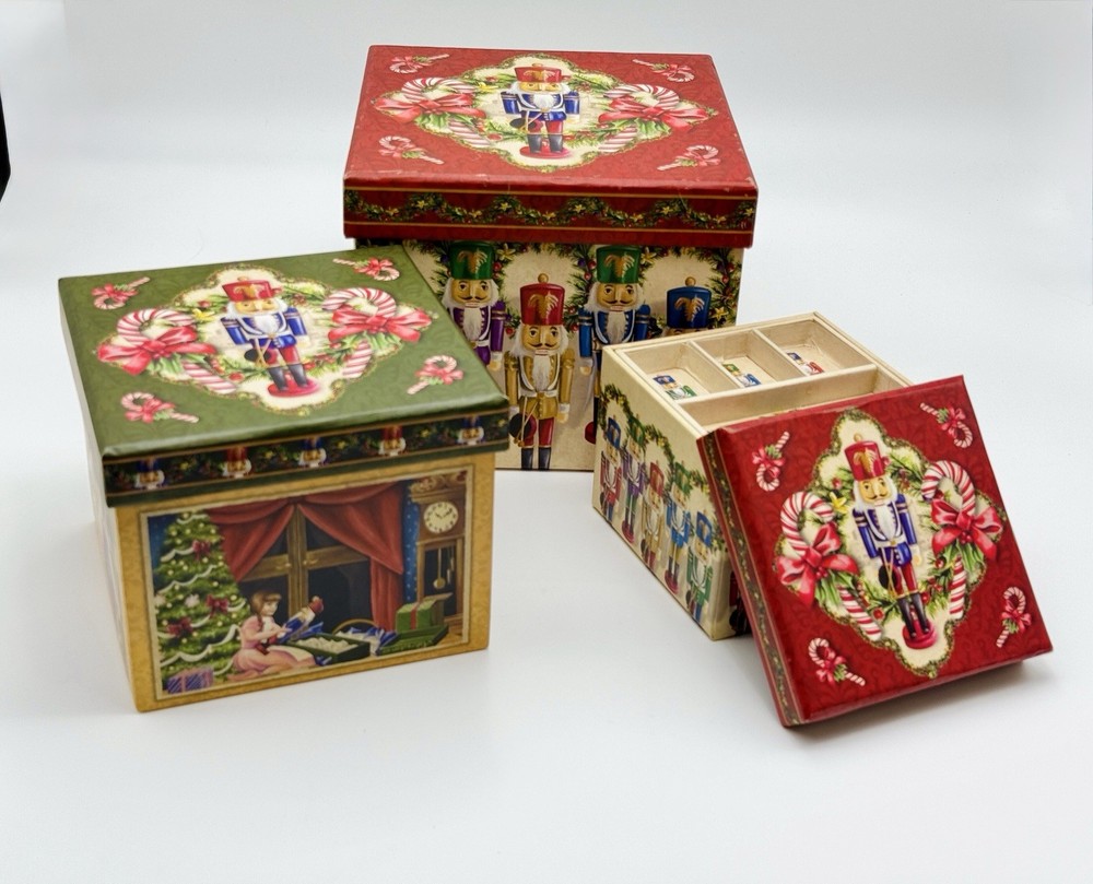 Nutcracker 3-Piece Decorative Nesting Storage Boxes Set w/ Trays Christmas
