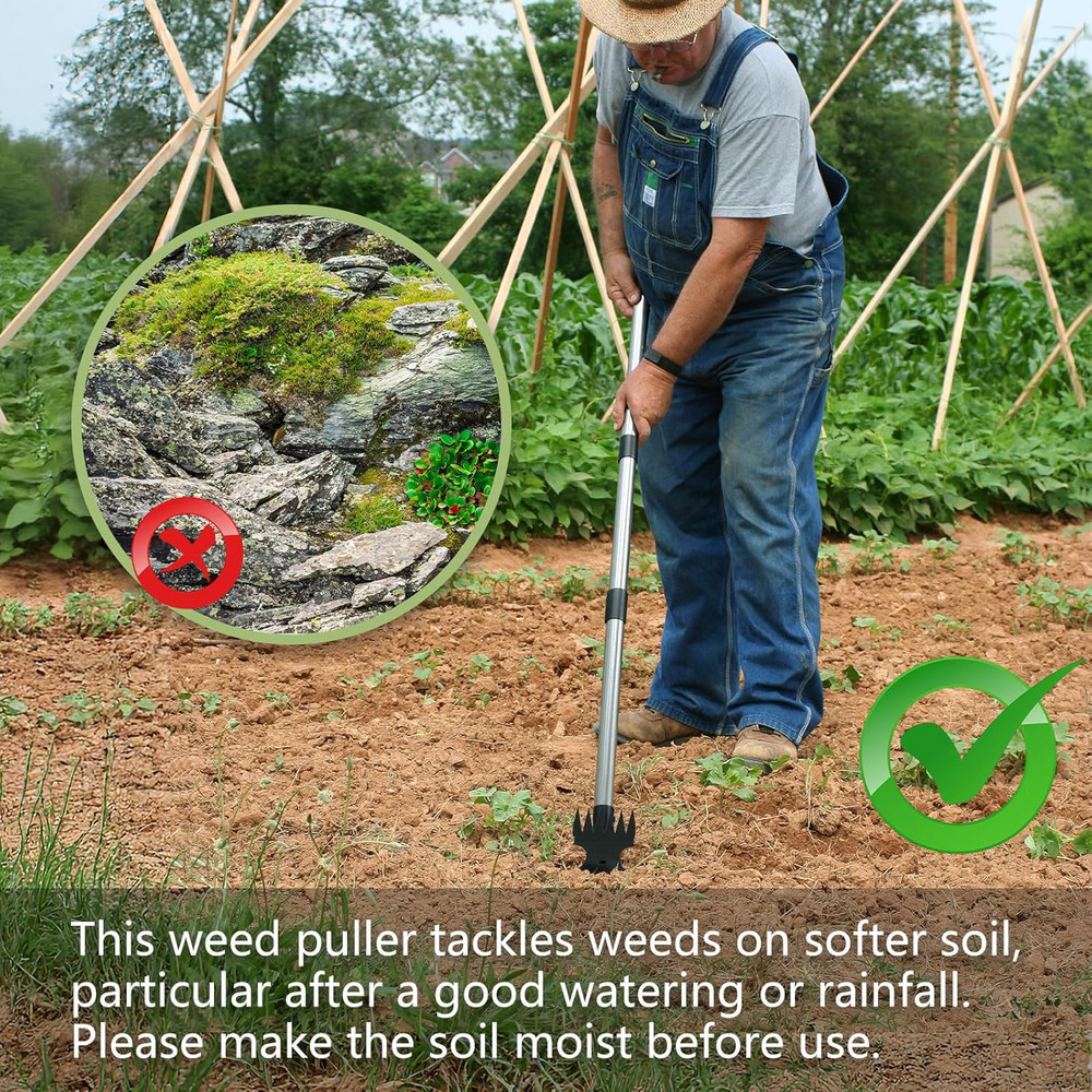 Long Handle Weed Puller Tool, 2-in-1 Weeder Rake & Garden Hoe for Easy Weeding