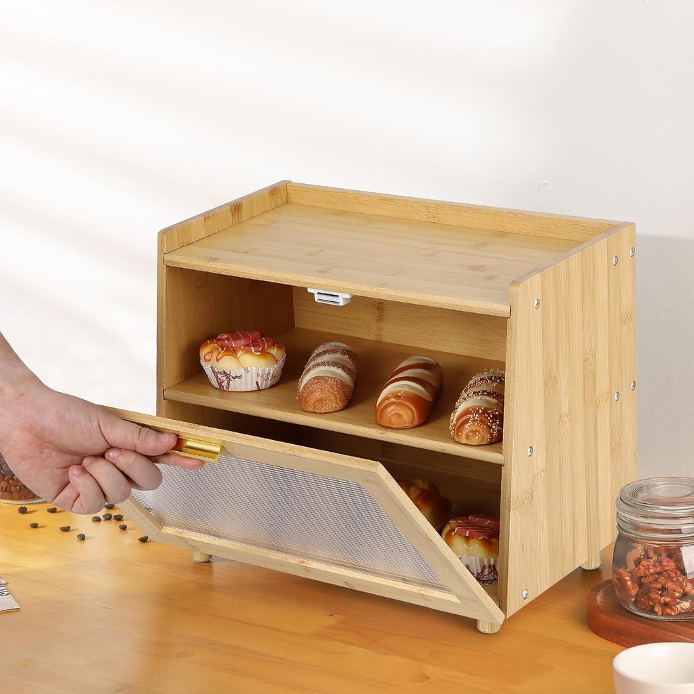 Double Layer Large Bread Box Bread Storage Container with Window Bread Holder