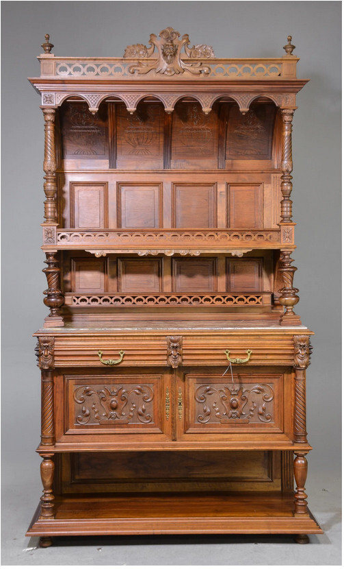 Renaissance North Wind Style Antique Carved Walnut Double Buffet