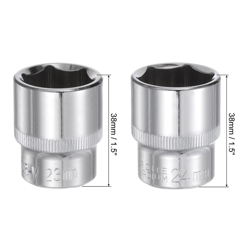 2pcs 6-Point Shallow Socket 1/2" Drive 23mm 24mm Cr-V Metric Socket