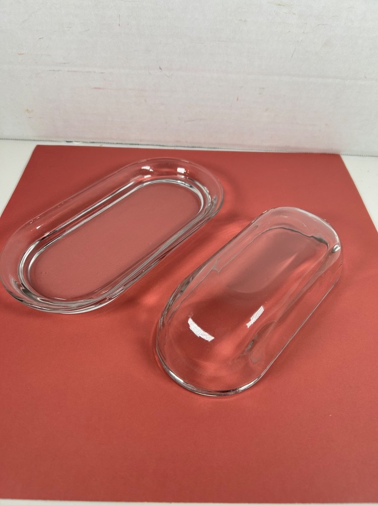 Very Nice Solid Clear Glass Covered BUTTER DISH Simple Smooth See-Through