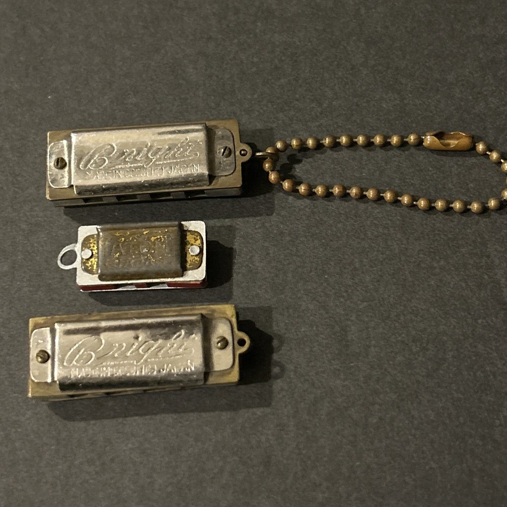 Vintage Mini Harmonica Keychains 1.5” Bright & 1”Atom Occupied Japan