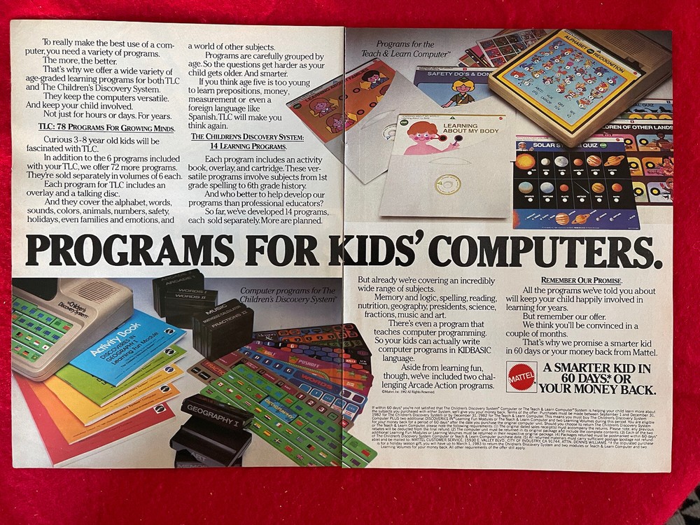 Vintage 1985 Mattel Programs For Kids Computers Print Ad