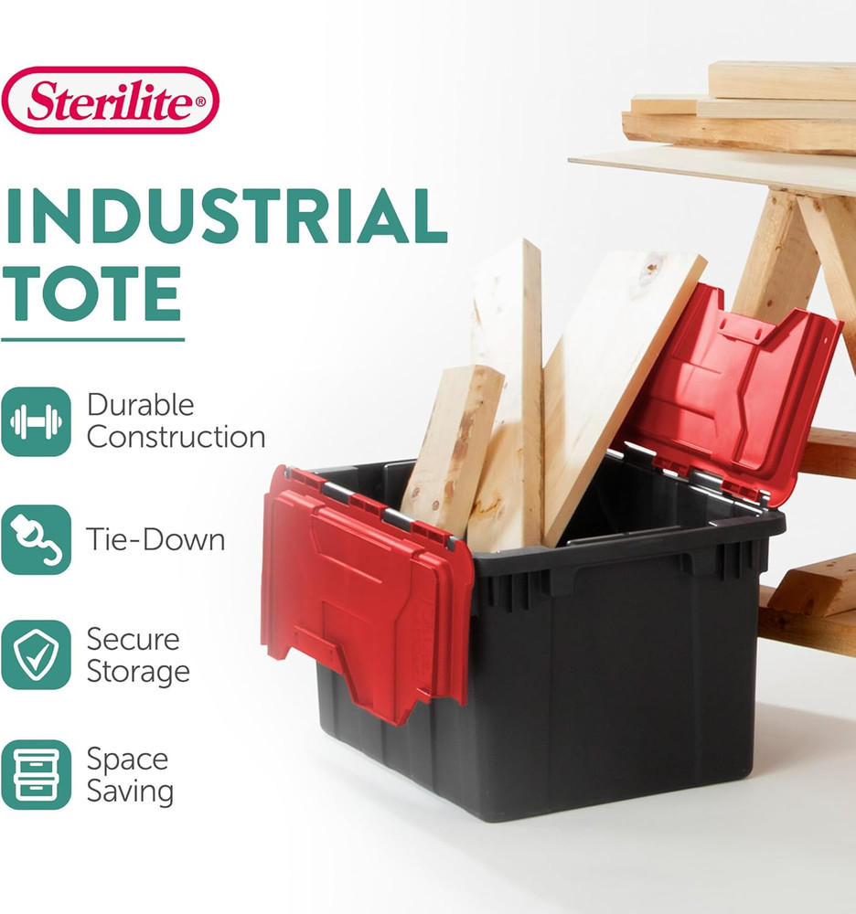 6 Pack Stackable 12 Gal Totes with Hinged Lids - Black/Red Storage Bins