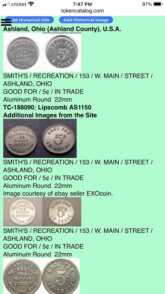 Trade Token - Smith’s Recreation - Ashland, Ohio