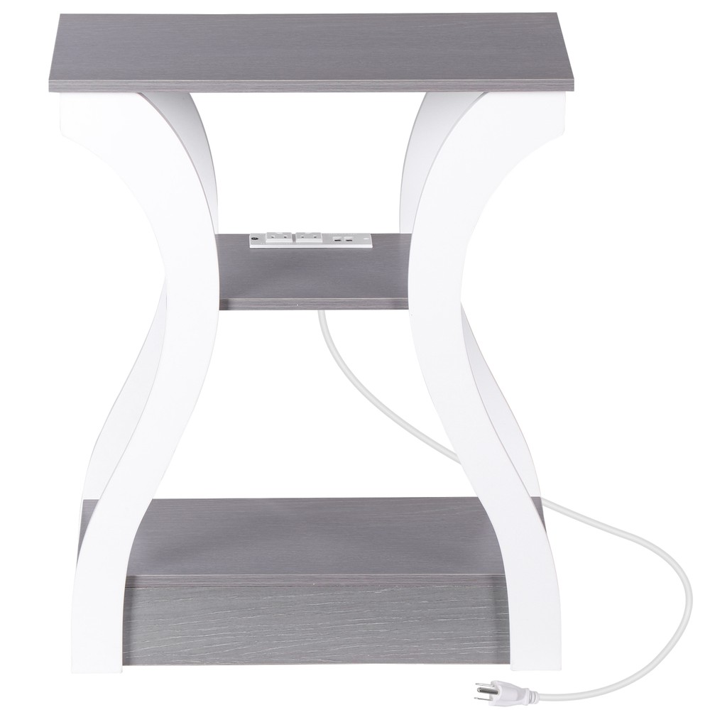 Grey End Tables With Charging Station Three Tier Storage Durable Engineered Wood
