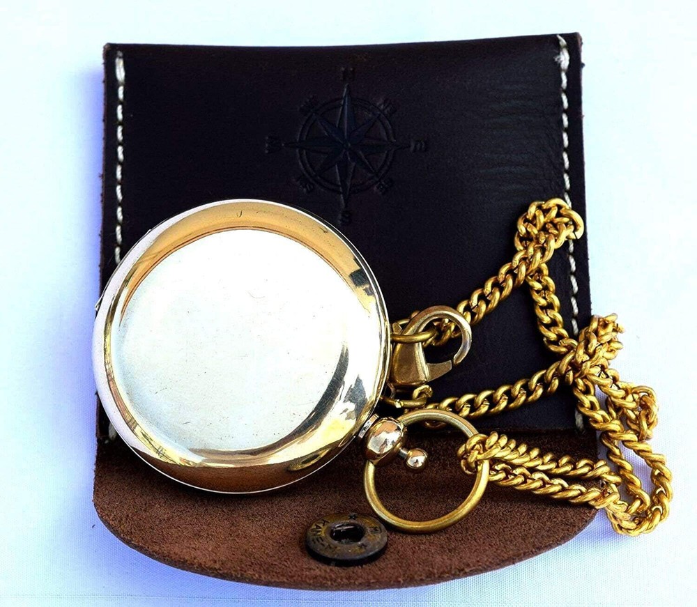 Brass Push Open Compass On Chain With Leather Case Pocket Handmade Compass Gift