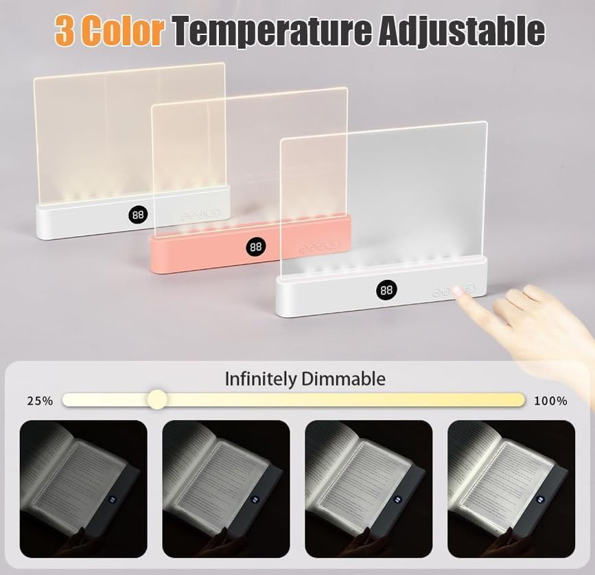 Book Light, 3 Color Adjustable LED Flat Reading Light, Rechargeable Clear Panel