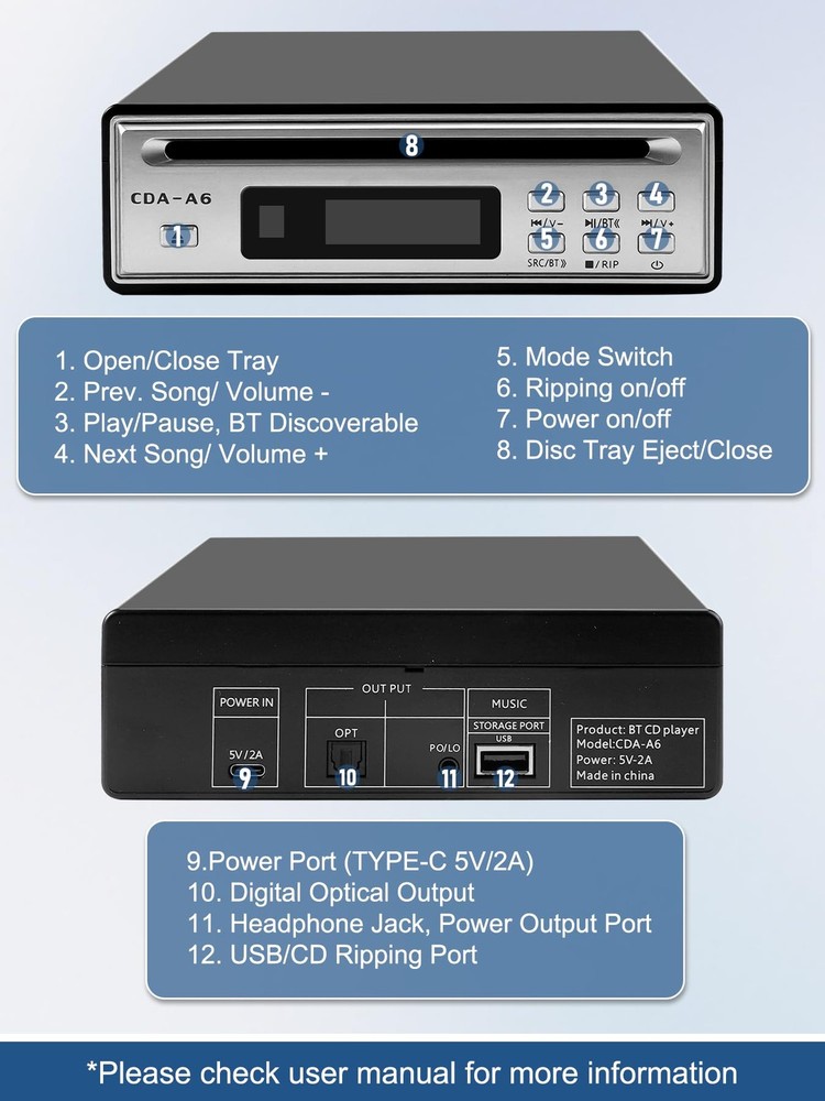 CD Player Bluetooth Car/Home USB Ripper External Hi-Fi Optical AUX Output