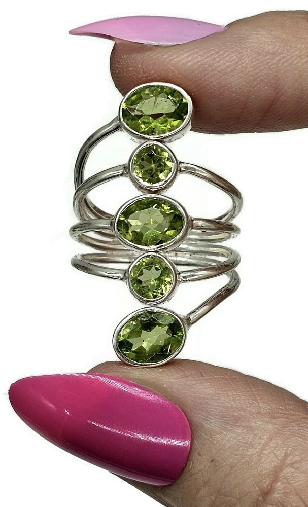 Five Stone Peridot Ring, Size 8.5, Sterling Silver, August Birthstone, Statement