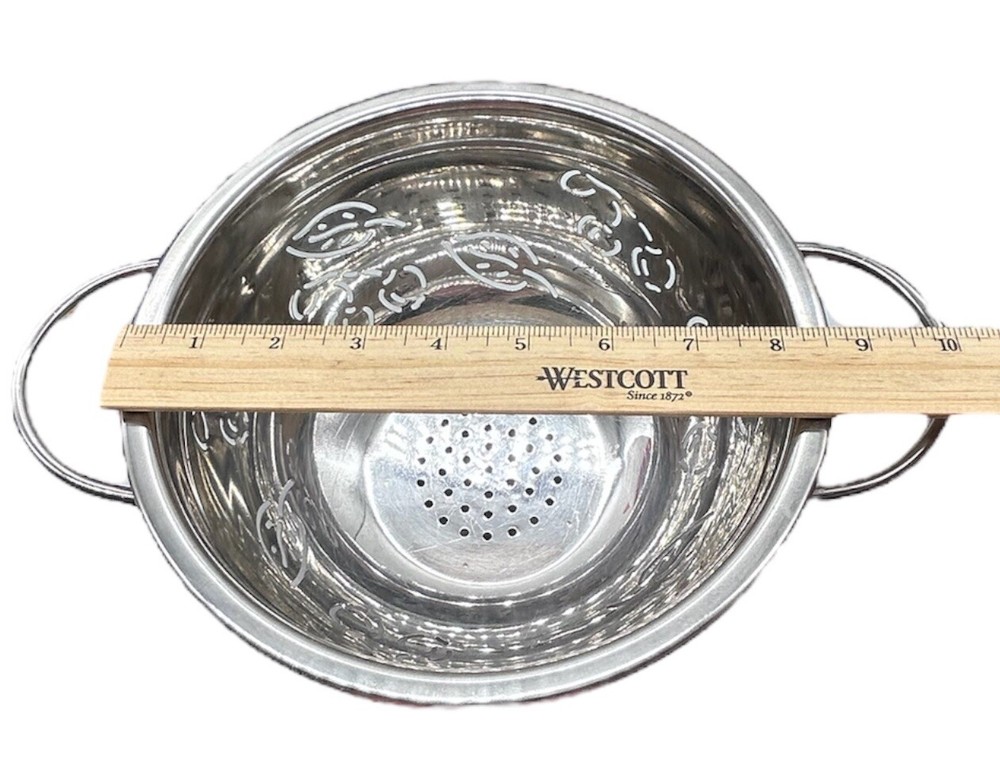 Metal Colander Strainer Cherries & Leaf Pattern Small Silver Farmhouse 8.5" D