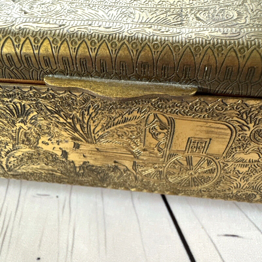 HAND TOOLED ENGRAVED SOLID BRASS STASH BOX CHEST ELEPHANT OX LION ELK HUNTER