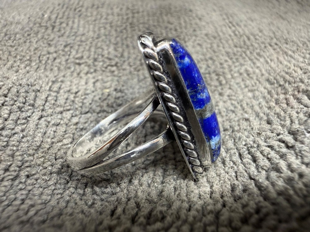 Solid925 Sterling Silver Rope Bezel Lapis Lazuli Statement Artisan Handmade Ring