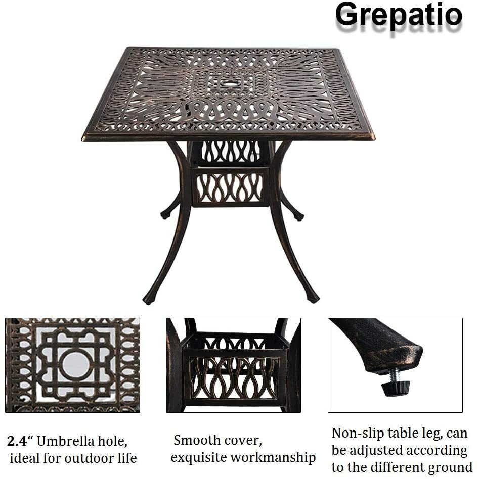 35.7" Square Cast Aluminum Dining Table, Bistro Table with 2.4” Umbrella Hole
