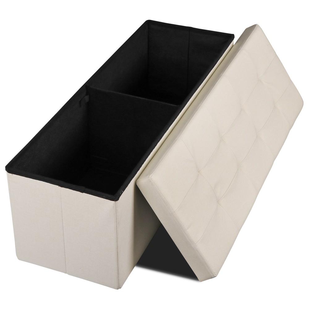 Folding Storage Ottoman Bench 43'' Beige Foot Stool Storage Bench Bedroom
