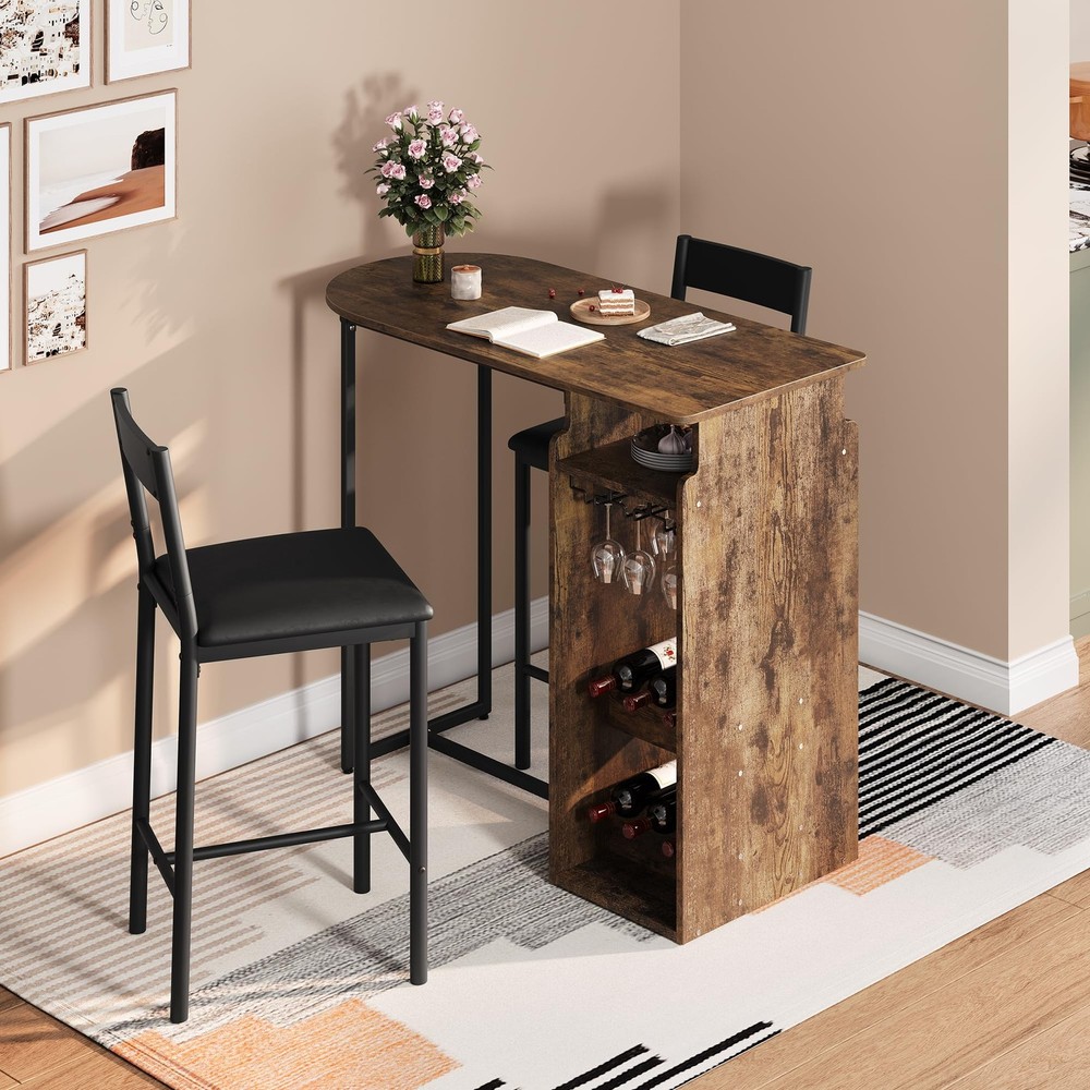 Rustic Bar Table Set with Triple-Level Wine Rack, Padded Stools, Stemware Hanger