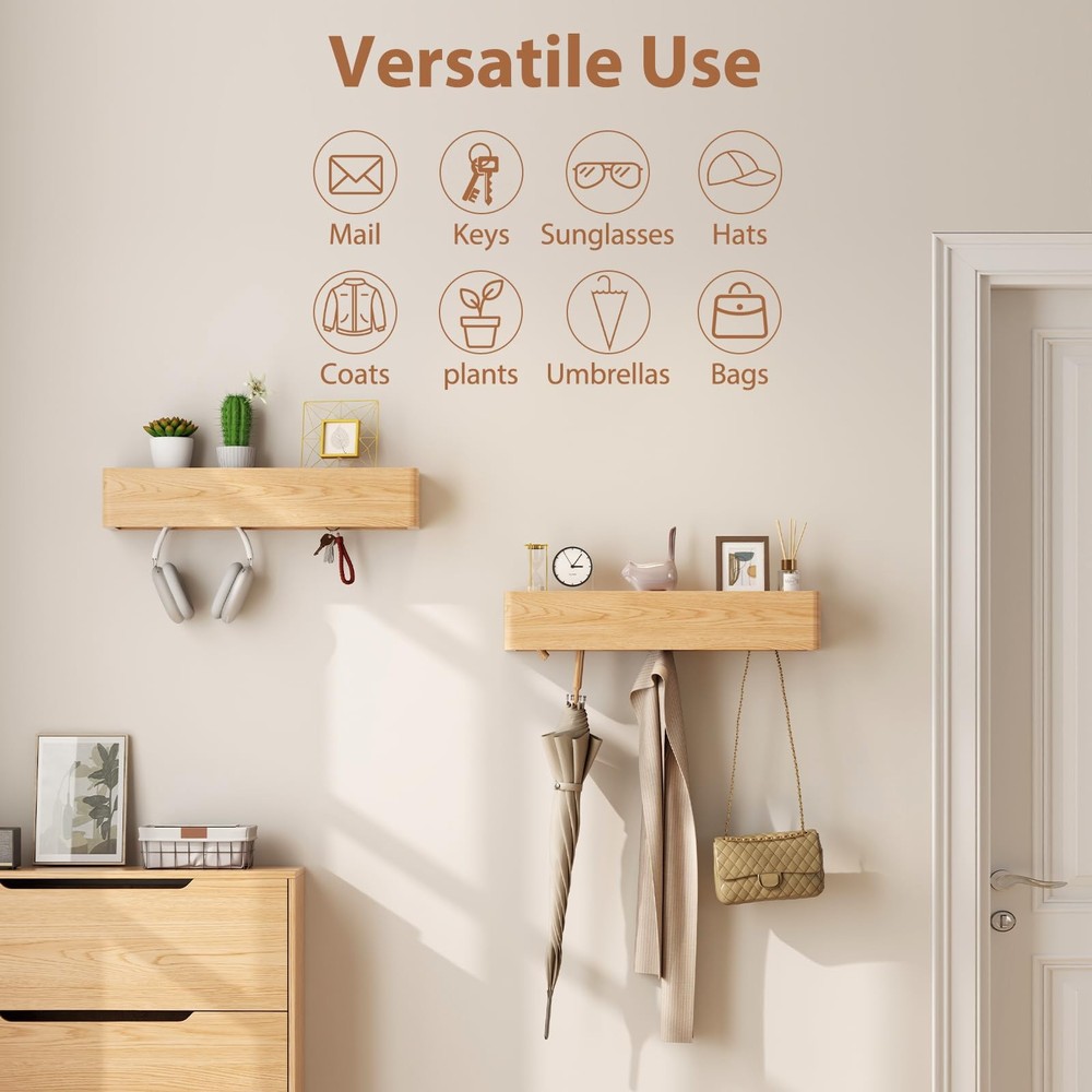 Solid Wood Wall Mounted Coat Rack with Shelf Hooks - Modern Floating Shelves ...