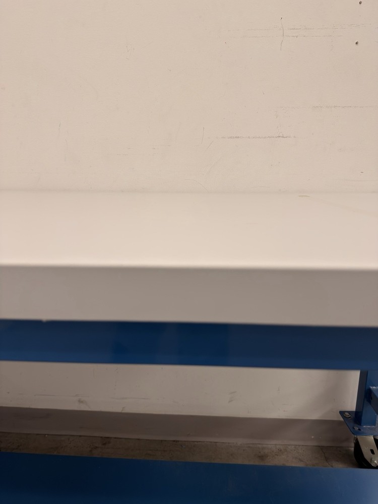 White Blue Mobile Work Bench Wheels Shelf Metal Plastic Worktop