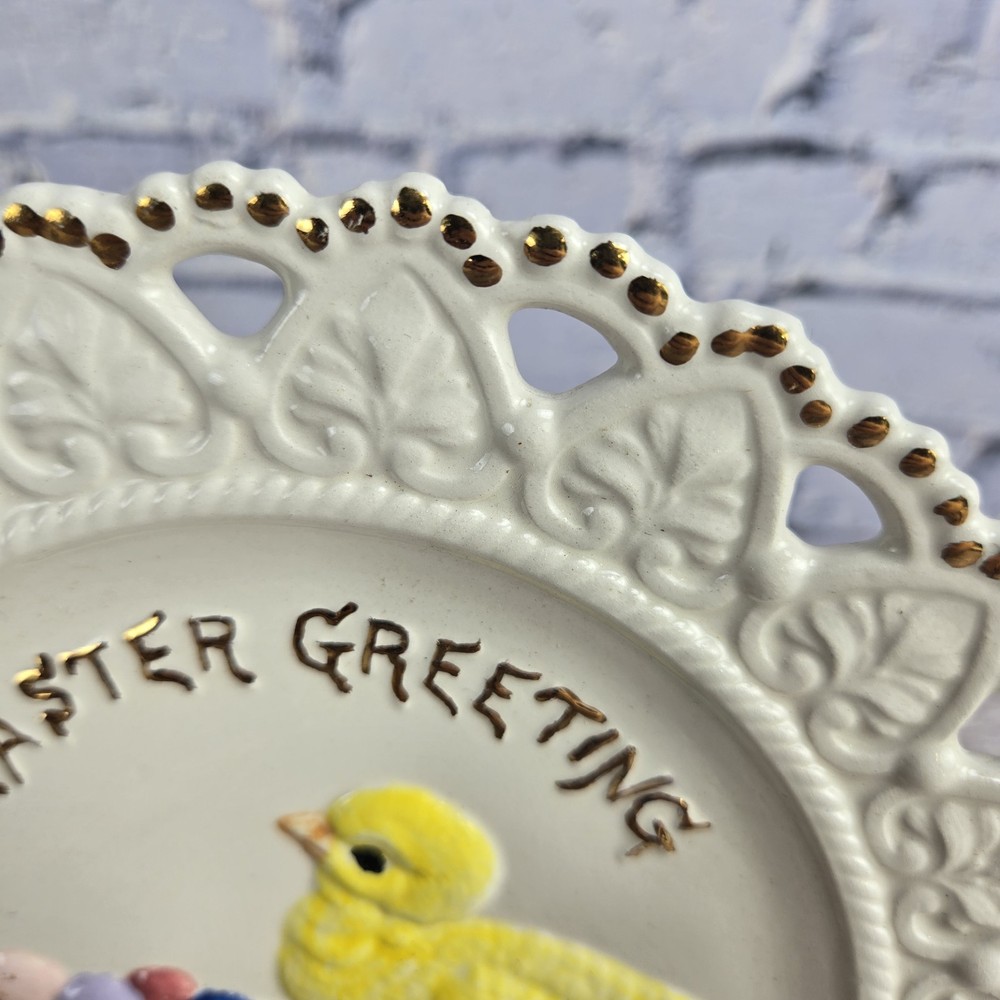 Victorian milk glass Easter plate with chick and eggs.