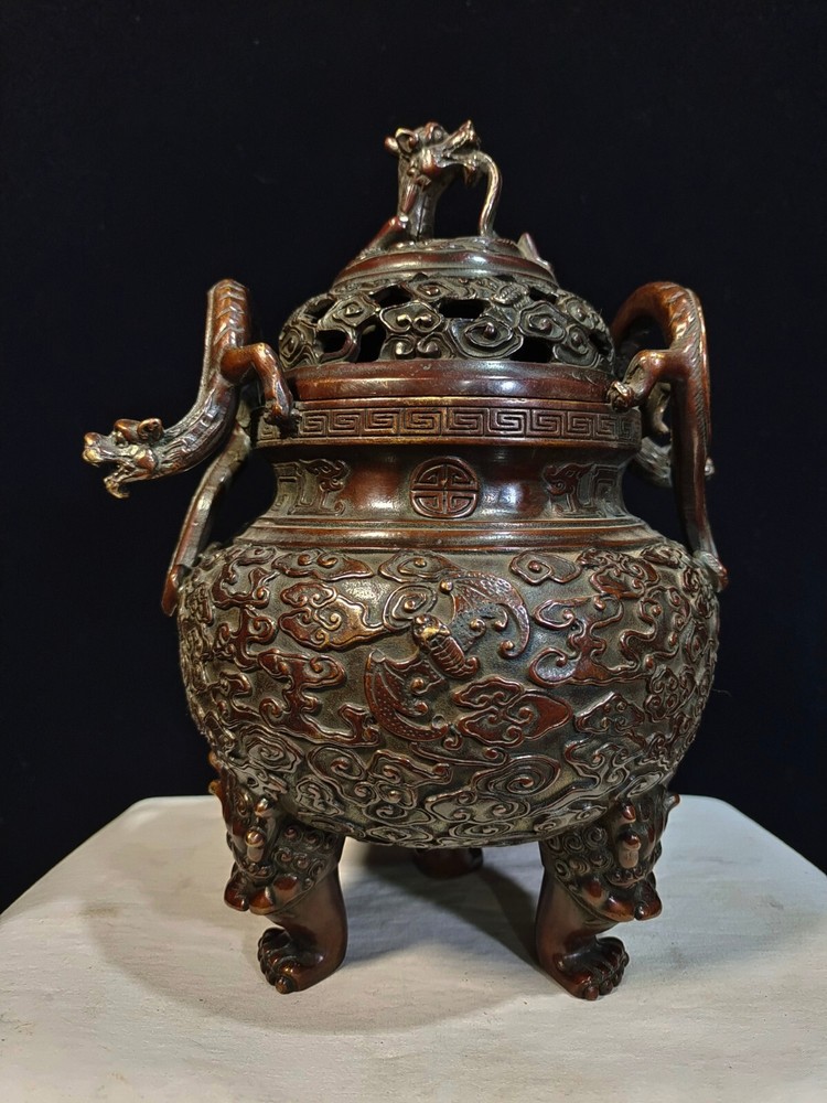 24cm Collect copper bronze dragon ear bat clouding pattern Incense burner pot
