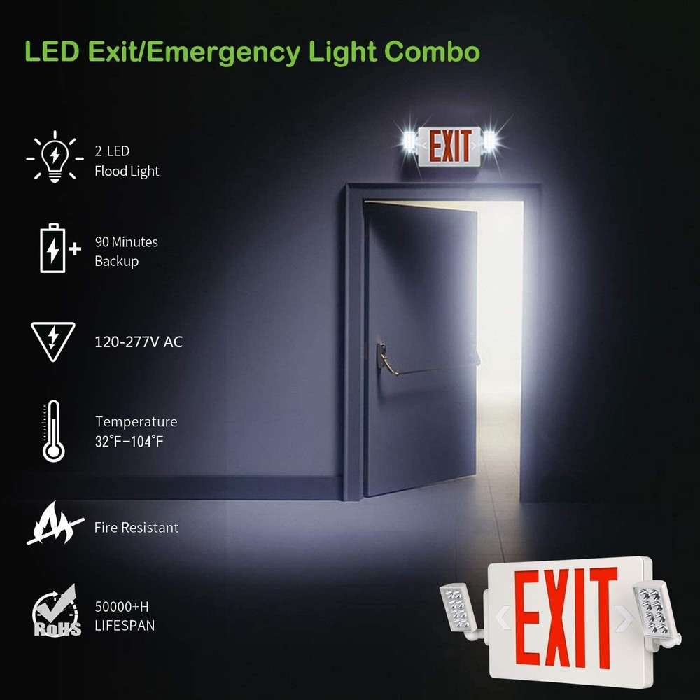 2 Pack LED Exit Sign Emergency Combo Light with Adjustable Two Head Battery UL