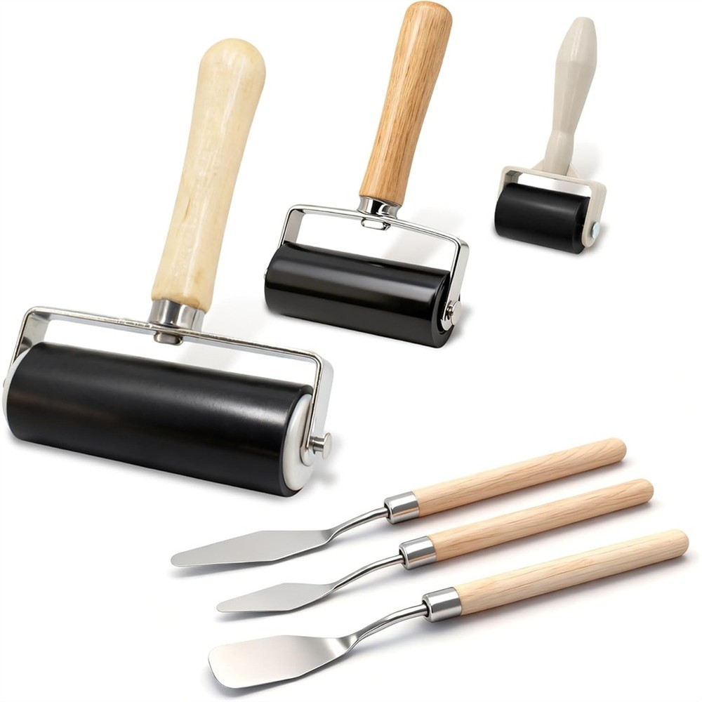6 Pack Rubber Brayer Roller Kit,3 Sizes Rubber Rollers with 3 Scrapers for2491