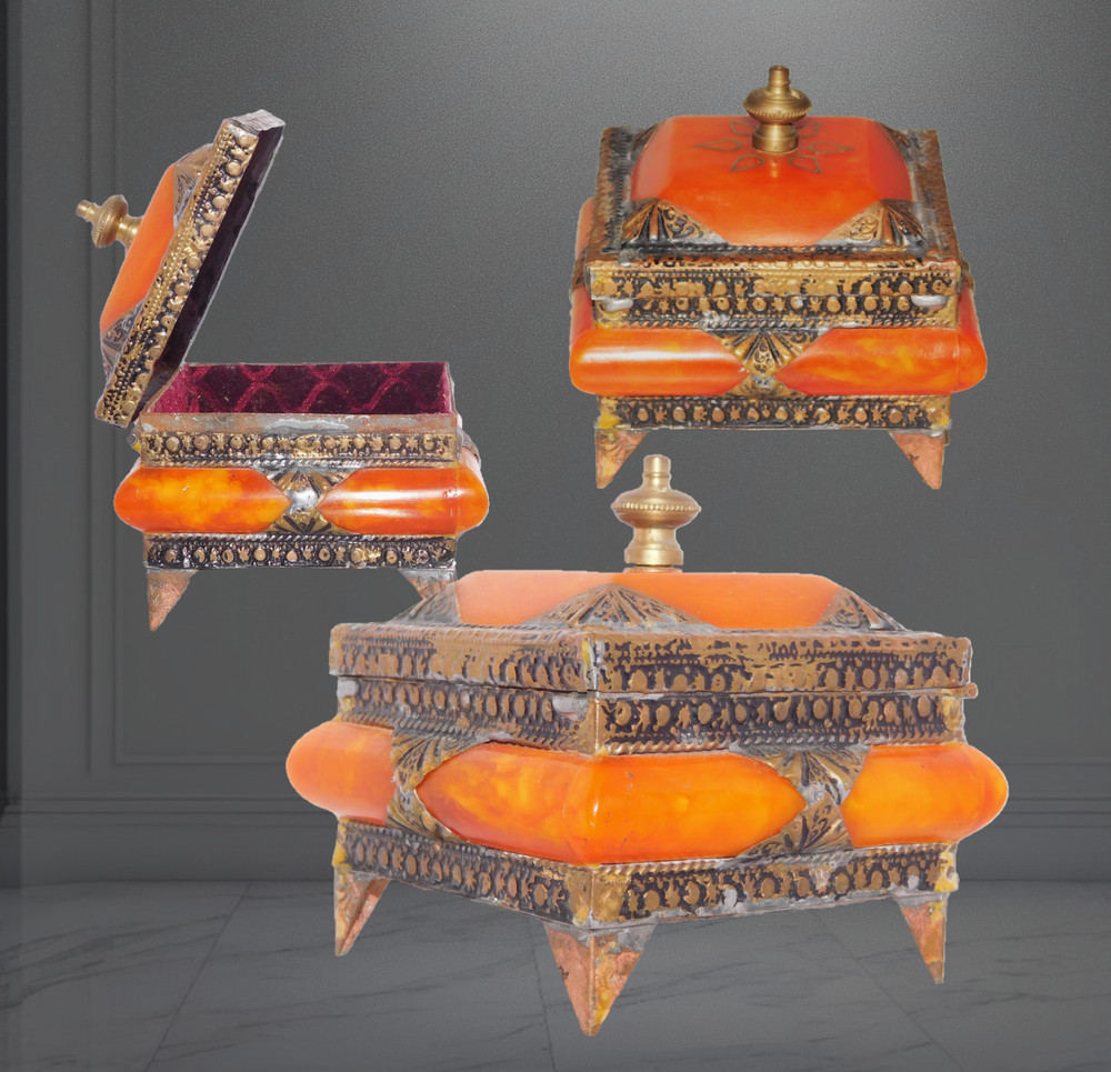 Ancient Tibetan REAL AMBER Brass and Hammered Copper BOX