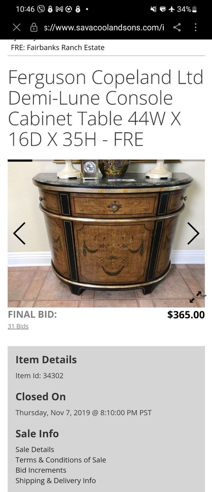 Ferguson Copeland Marble Top Demi Lune Server Sideboard Console Cabinet