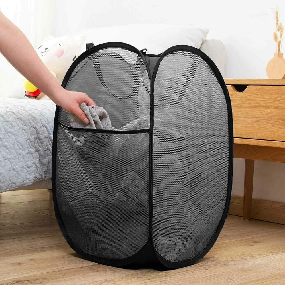 Pop Up Laundry Hampers 2 Pack Black Grey Collapsible Mesh Laundry Baskets