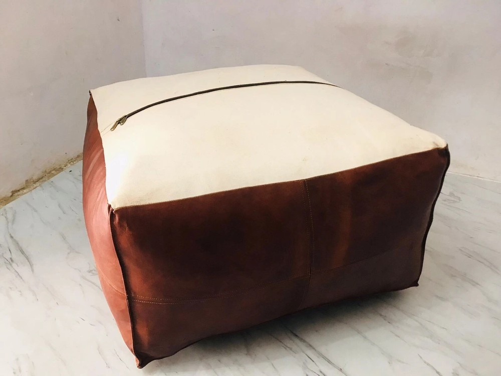 Handcrafted Brown Leather Pouffe Square Ottoman Morrocan 30'' New Unstuffe