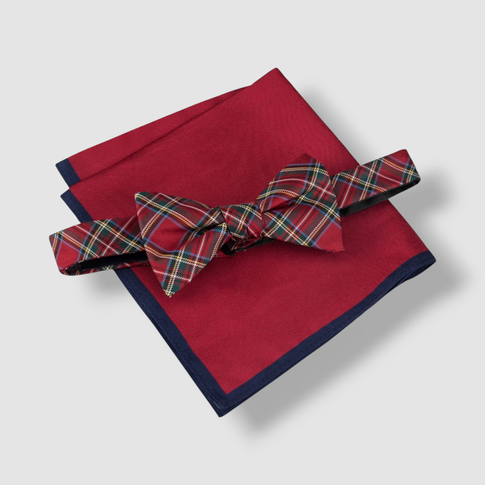 Tommy Hilfiger Men Red Plaid Bow Tie & Solid Pocket Square 2pc Set