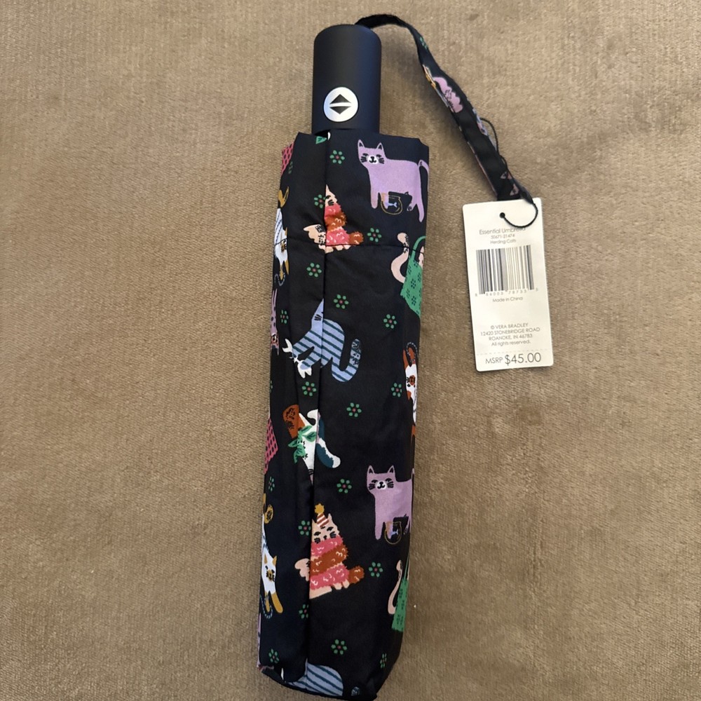 NWT- Vera Bradley Essential Umbrella Herding Cat Multi-Colored Black $45