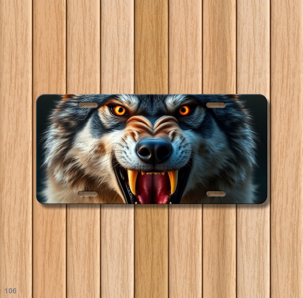 Intense Wolf License Plate with Sharp Teeth Personalized Front Plate Birthday Gi