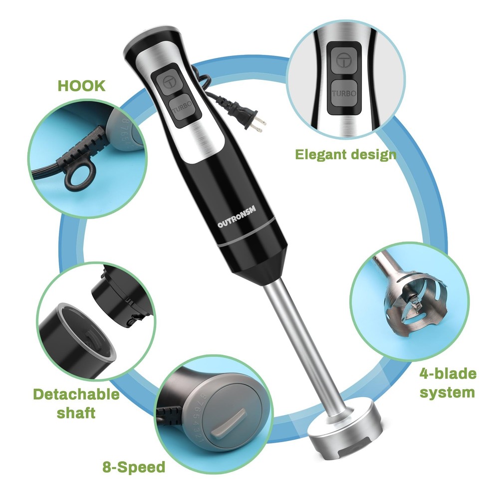 Immersion Blender Handheld, OUTRONSM Hand with 15.5 inches, Black