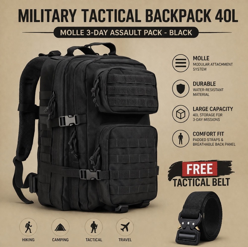 Military Tactical Backpack 40L – MOLLE 3-Day Assault Pack - Black