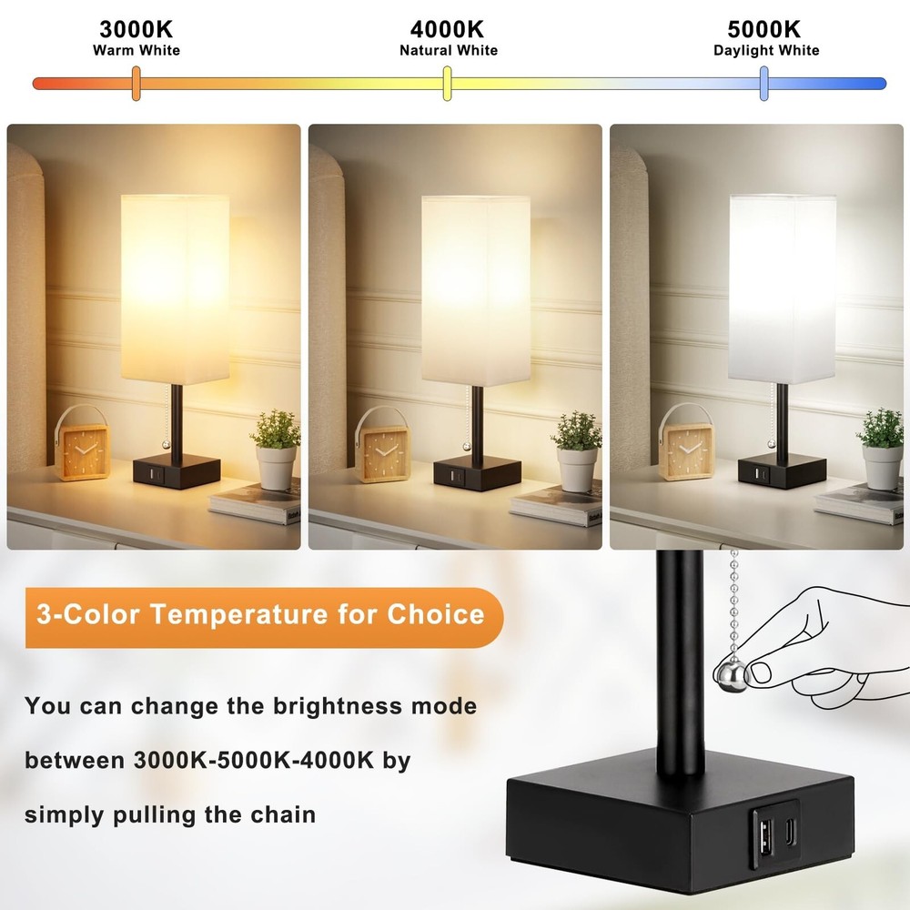 Bedside Lamps Set of 2 - White, 3 Color Temperatures, USB Charging, Pull Chai...