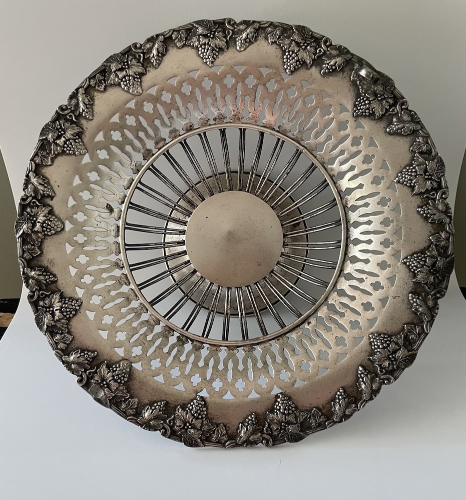 Vintage 11” Silver Plate Slotted Pedestal Basket Missing Handle Unknown Mark