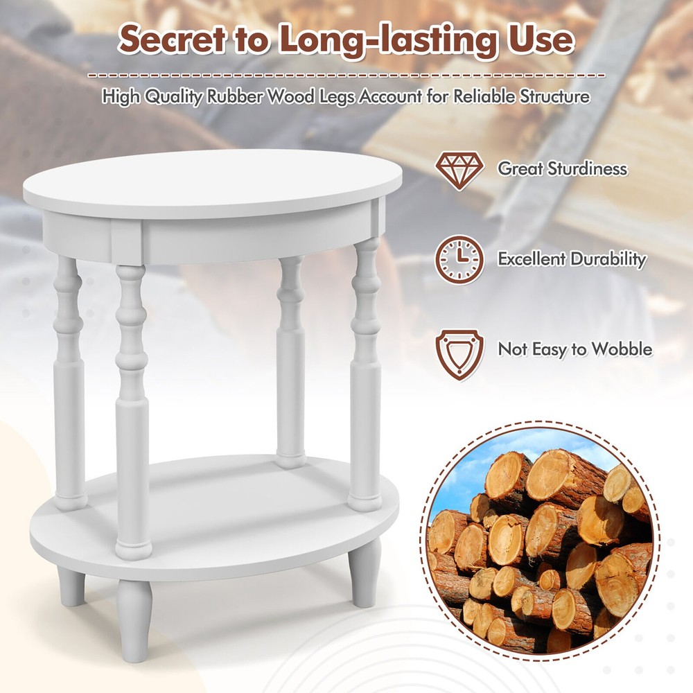 2-Tier End Table Oval Compact Sofa Side Nightstand w/ Storage Shelf White