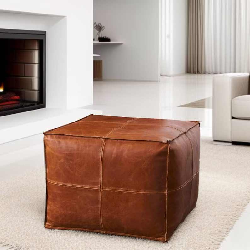 Ottoman Moroccan Leather Unstuffed Square 20'' New Footstool Pouffe Boho Style