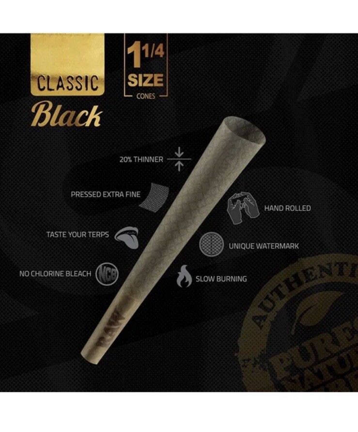 raw BLACK 1 1/4 size pre rolled cone+RAW cone wallet case