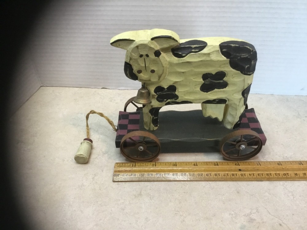 Primitive Wooden Cow Pull Toy with Bell Milk Bottle Pull