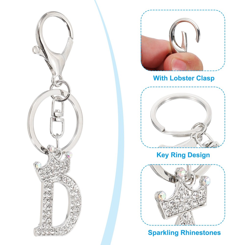 Initial Letter Keychain, Letter D Crown Design Charm, Silver Tone