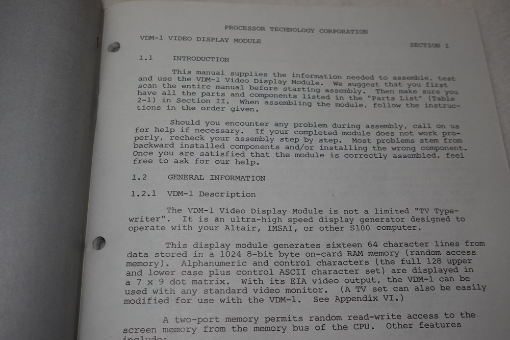 VDM-1 Video Display Module Assembly Test Instructions 1977 Processor Technology
