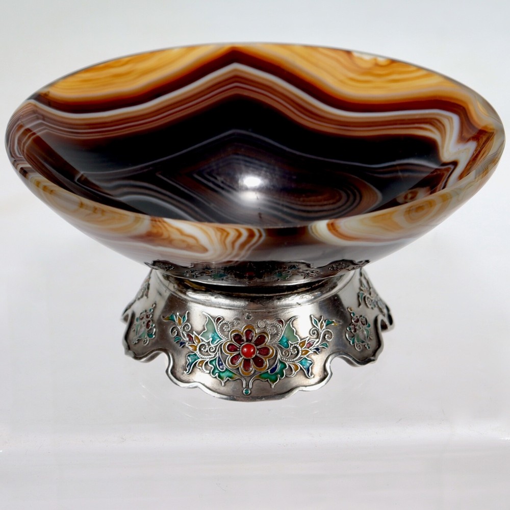 Old or Antique Enameled Austrian Silver & Agate Bowl.