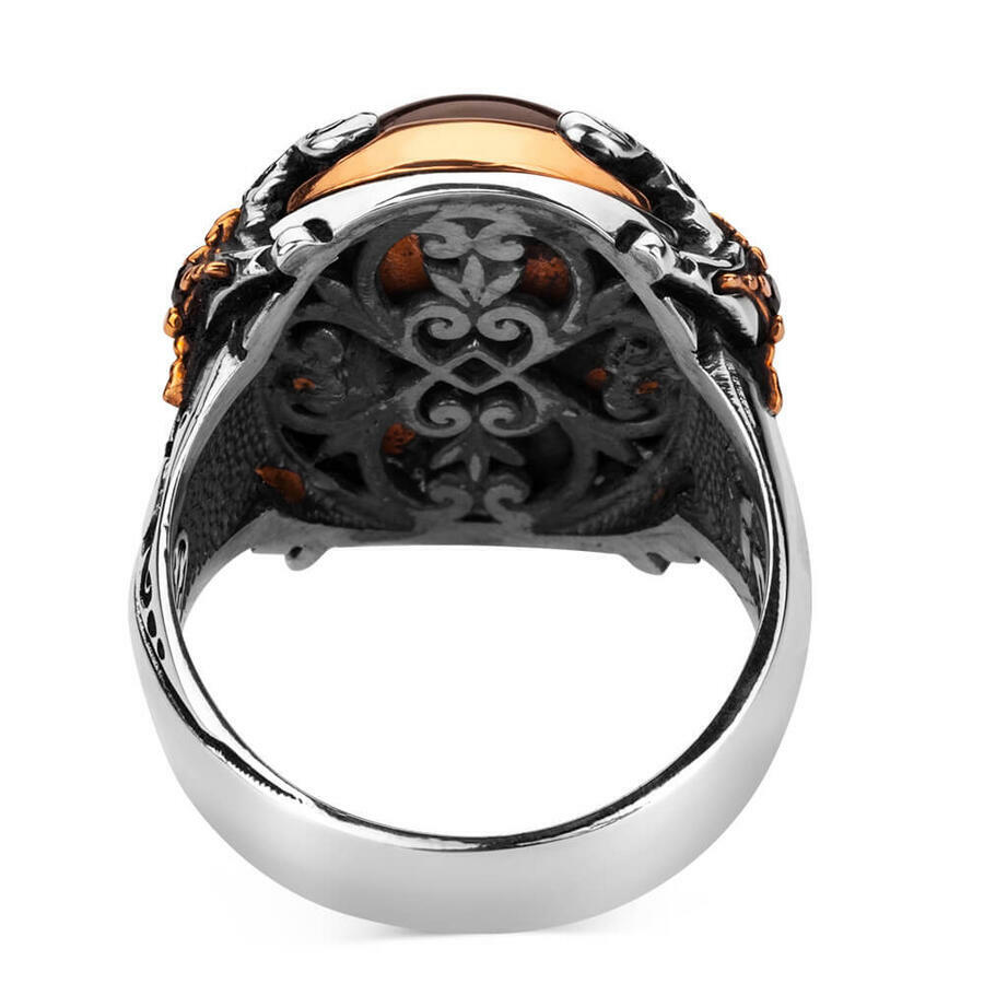 Solid 925 Sterling Silver Tiger's Eye Stone Sword Men's Ring