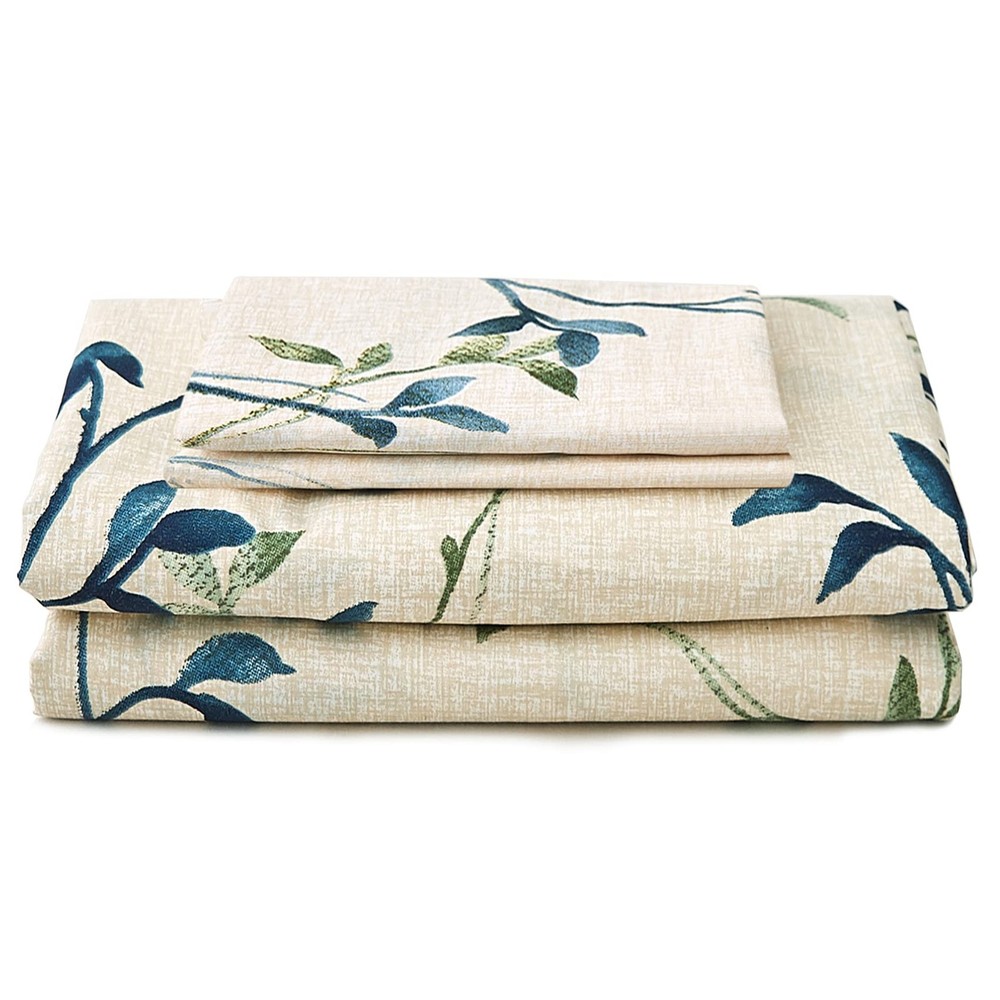 JSD Beige Leaves Printed Sheet Set Queen Size, 4 Piece Queen, Botanical