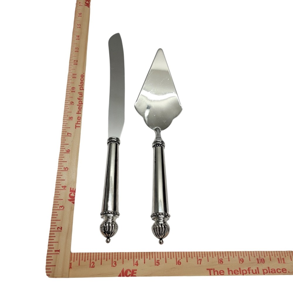Godinger Silver Plate Wedding Cake Knife and Server Set Beaded Melon Finials