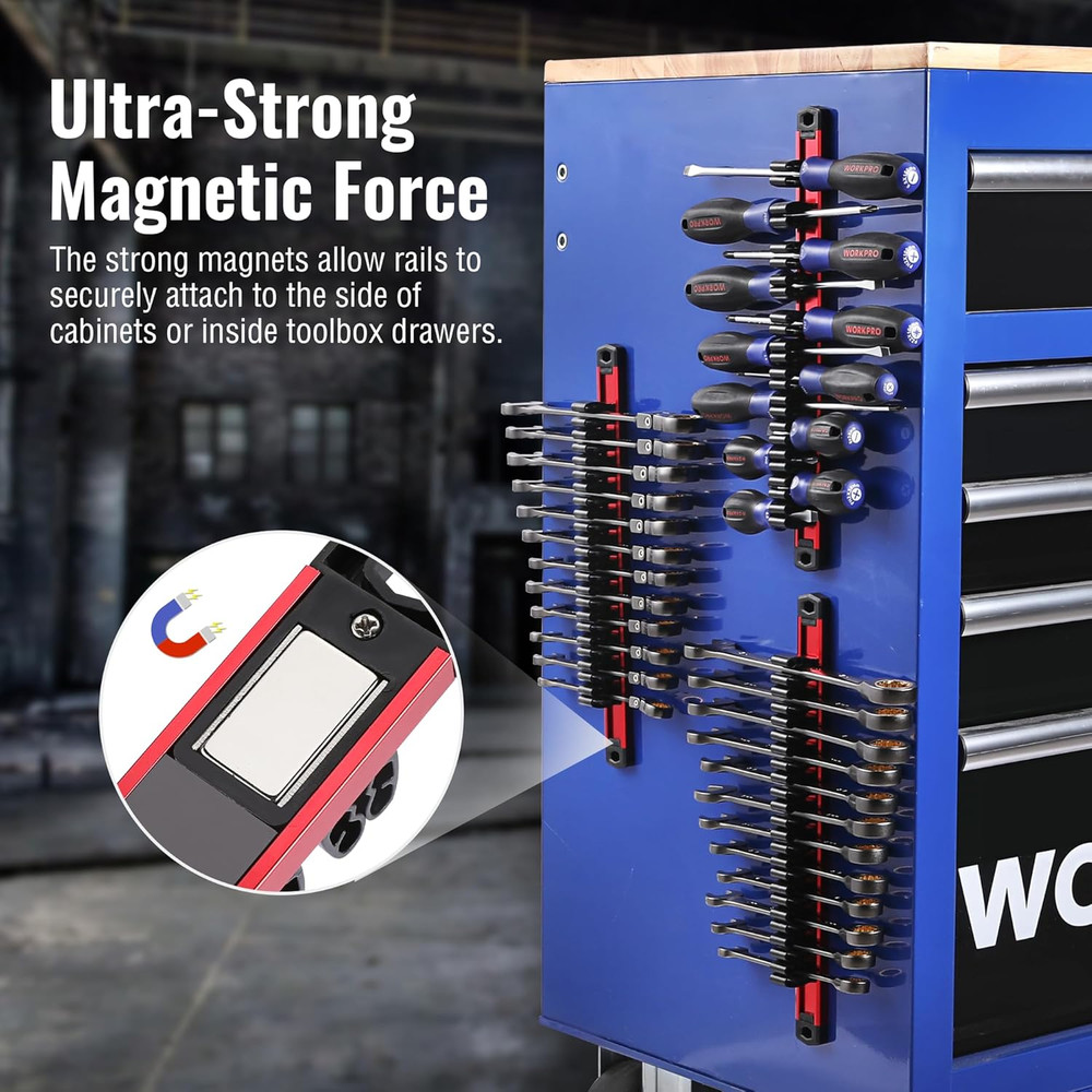 Wall-Mounted Magnetic Tool Storage Rail Organizer for Garage and Workshop