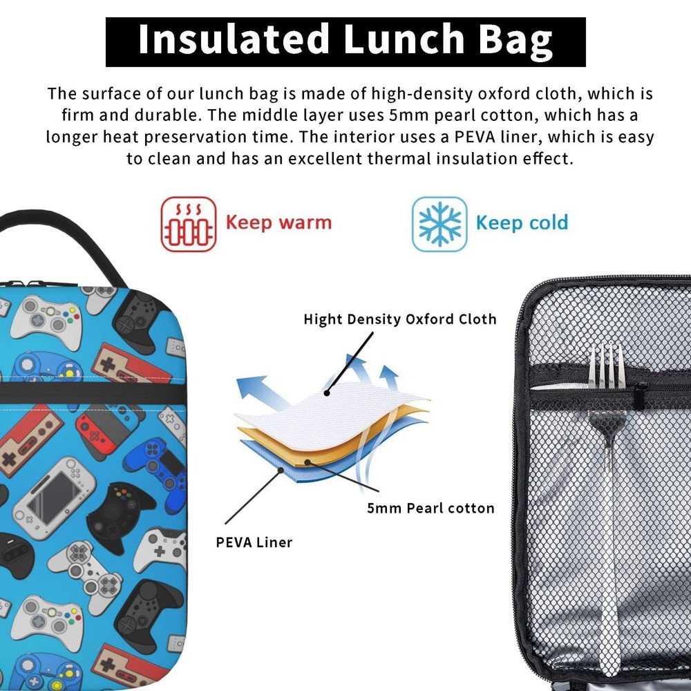 Video Game Controller Background Lunch Bag Insulated Portable Reusable Gaming...